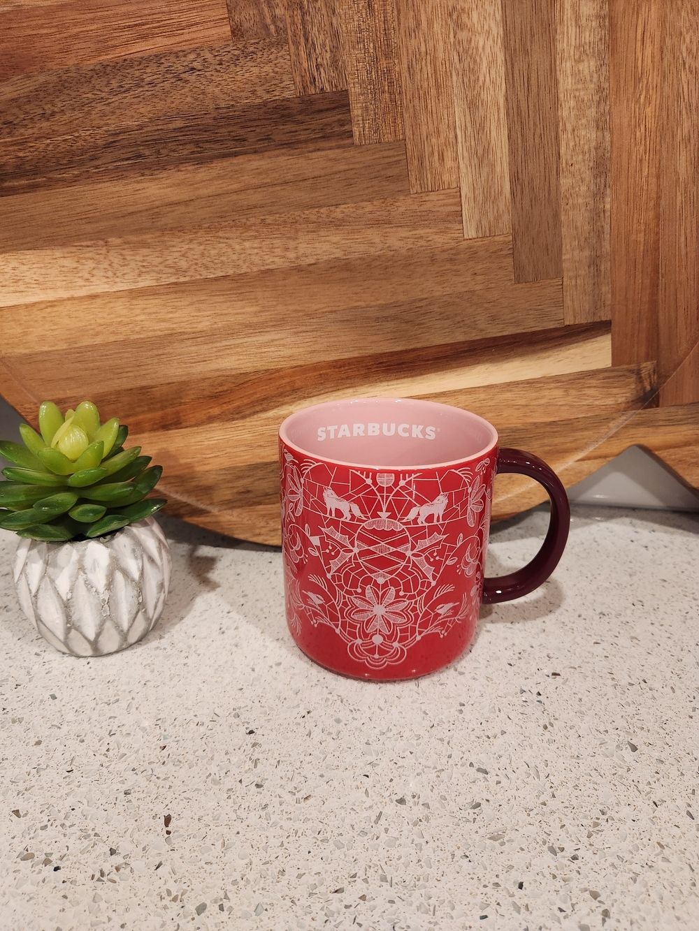 Starbucks Red and Pink Ceramic Mug with White Pattern